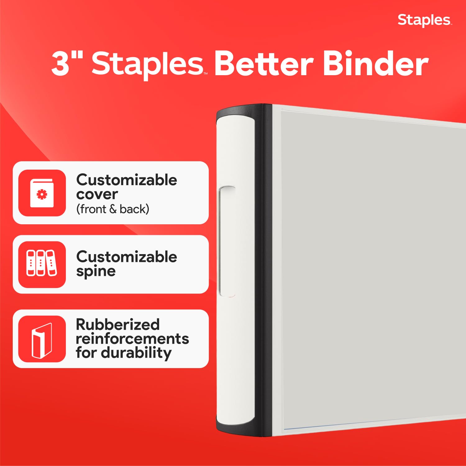 Staples Heavy-Duty 3-Inch D-Ring Binder, White, Holds 600 Sheets