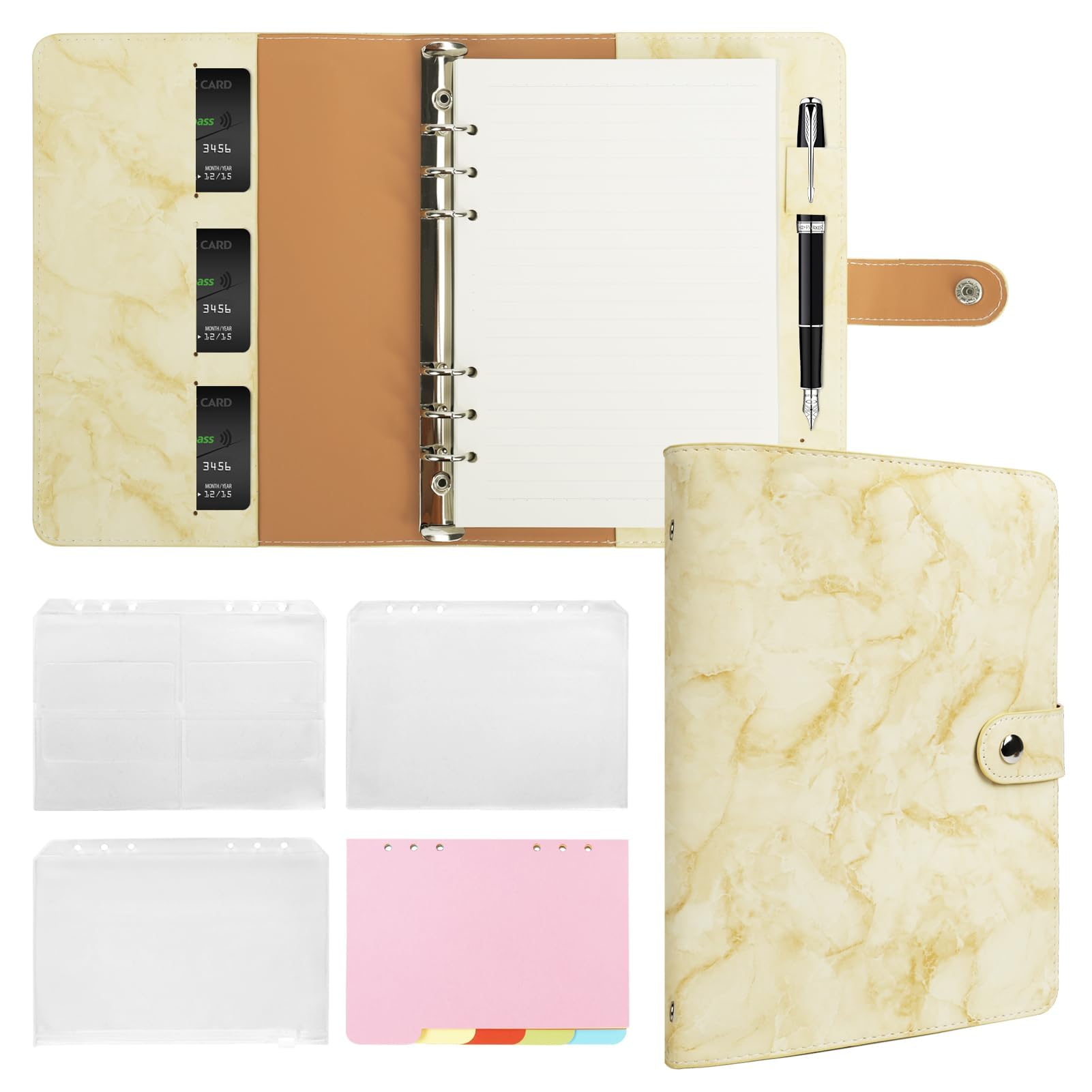 FYY A5 Binder Refillable Planner Notebook 6 Ring, Marble Yellow