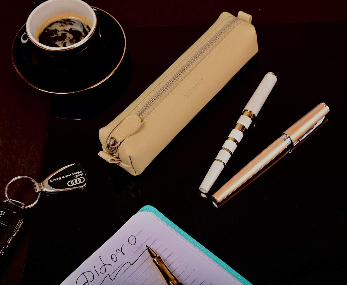 DiLoro Leather Zippered Fountain Ballpoint Rollerball Pens and Pencils Case Holder Pouch Genuine