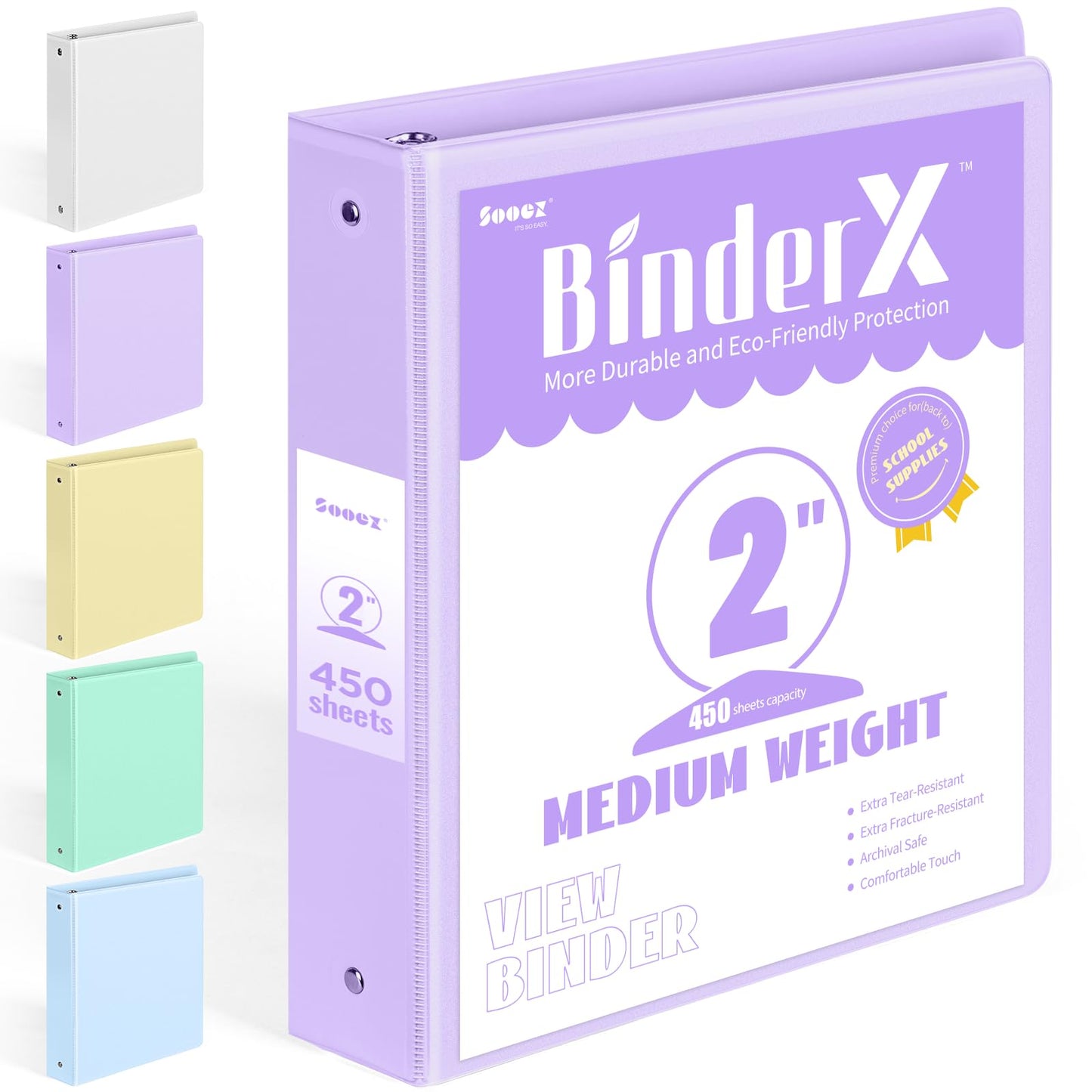 BinderX 3 Ring Binder 2 Inch, 2" Clear View Binder, Lavender, Letter / A4