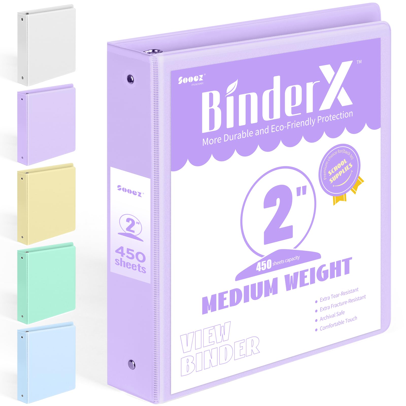 BinderX 3 Ring Binder 2 Inch, 2" Clear View Binder, Lavender, Letter / A4