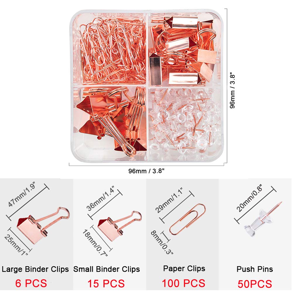 SF ITEM Binder Clips Paper Clips Push Pins Sets with Box for Office,School and Home Supplies (Rose