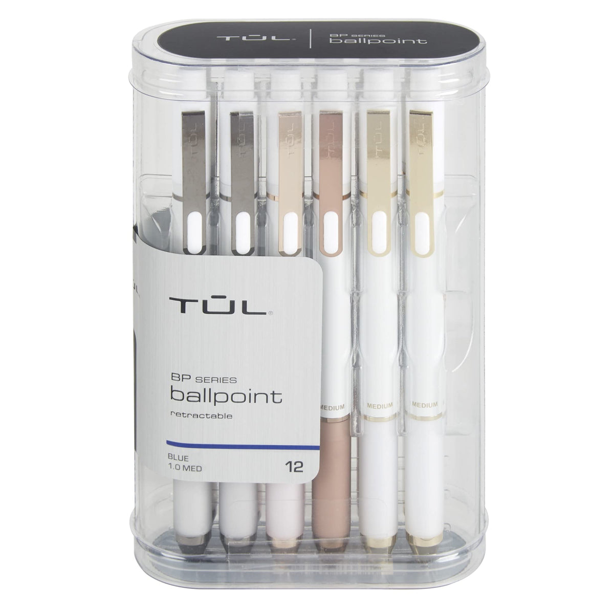 TUL® BP3 Retractable Ballpoint Pens, Medium Point, 1.0 mm, Pearl White Barrel, Blue Ink, 12 Count