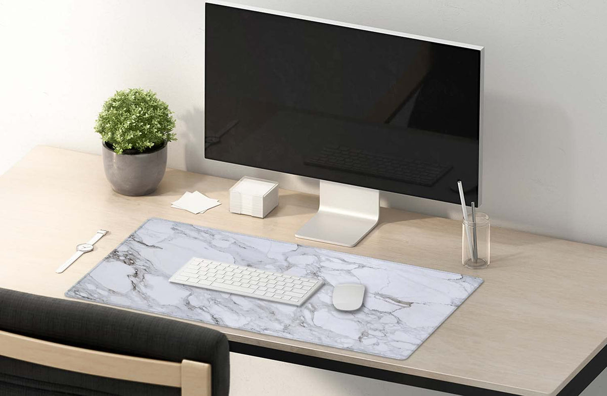 SSOIU White Grey Marble Print Desk Mat, Large Mouse Pad, Full Desk XXL Extended Gaming Mouse Pad