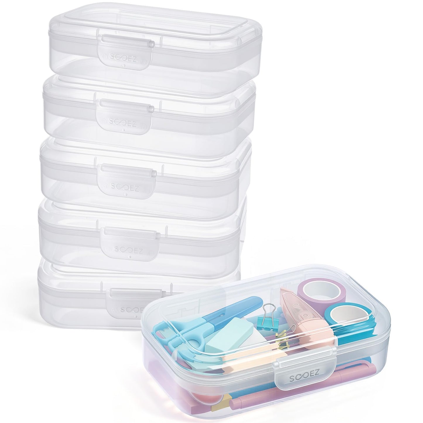 Sooez 6 Pack Pencil Box, Plastic Pencil Case Holder with Latch, Clear Crayon Box Marker Organizer