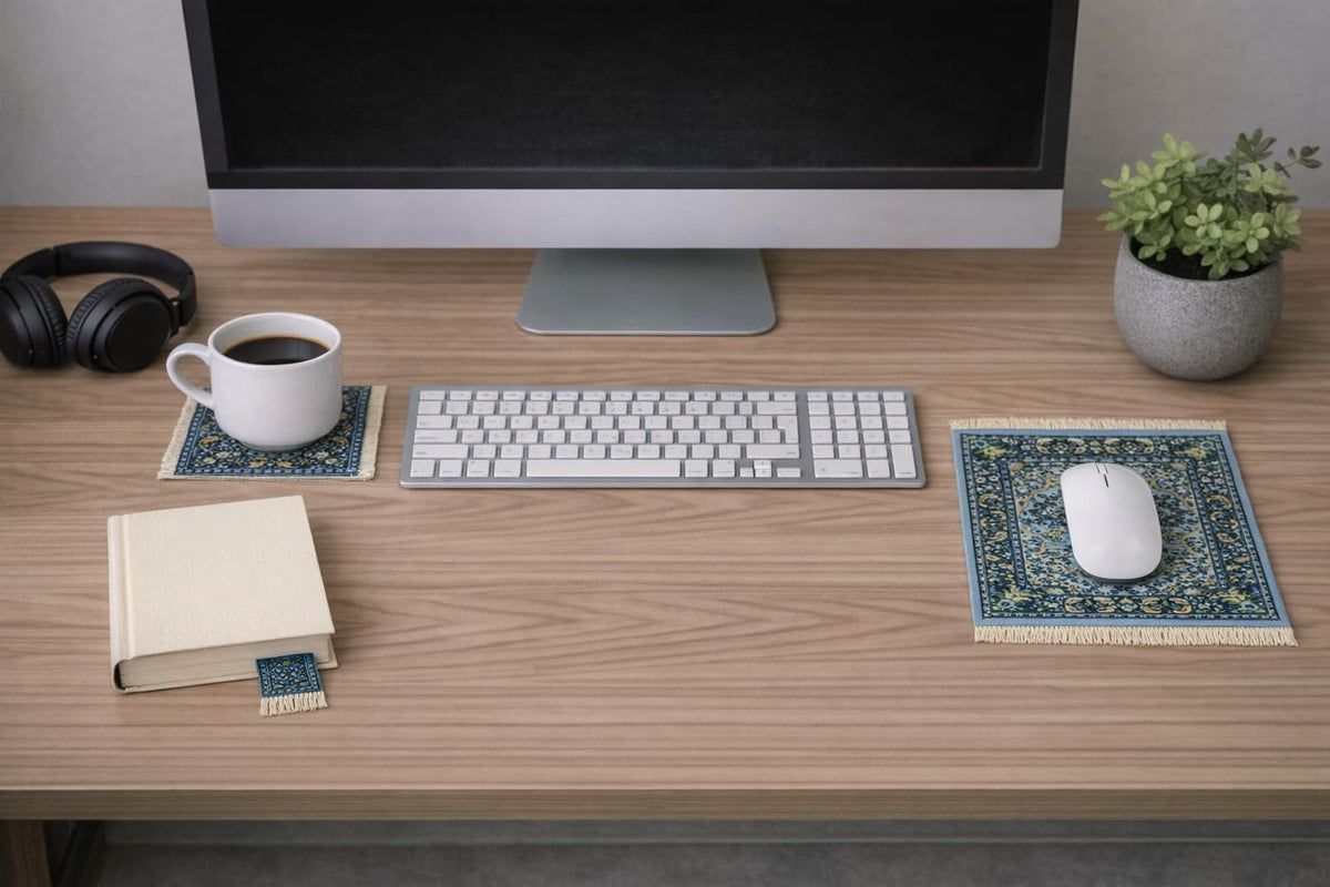 3-Piece Carpet-Style Desk Set – Blue Mouse Pad, Mini Rug Coaster & Bookmark, Colorful Elegant