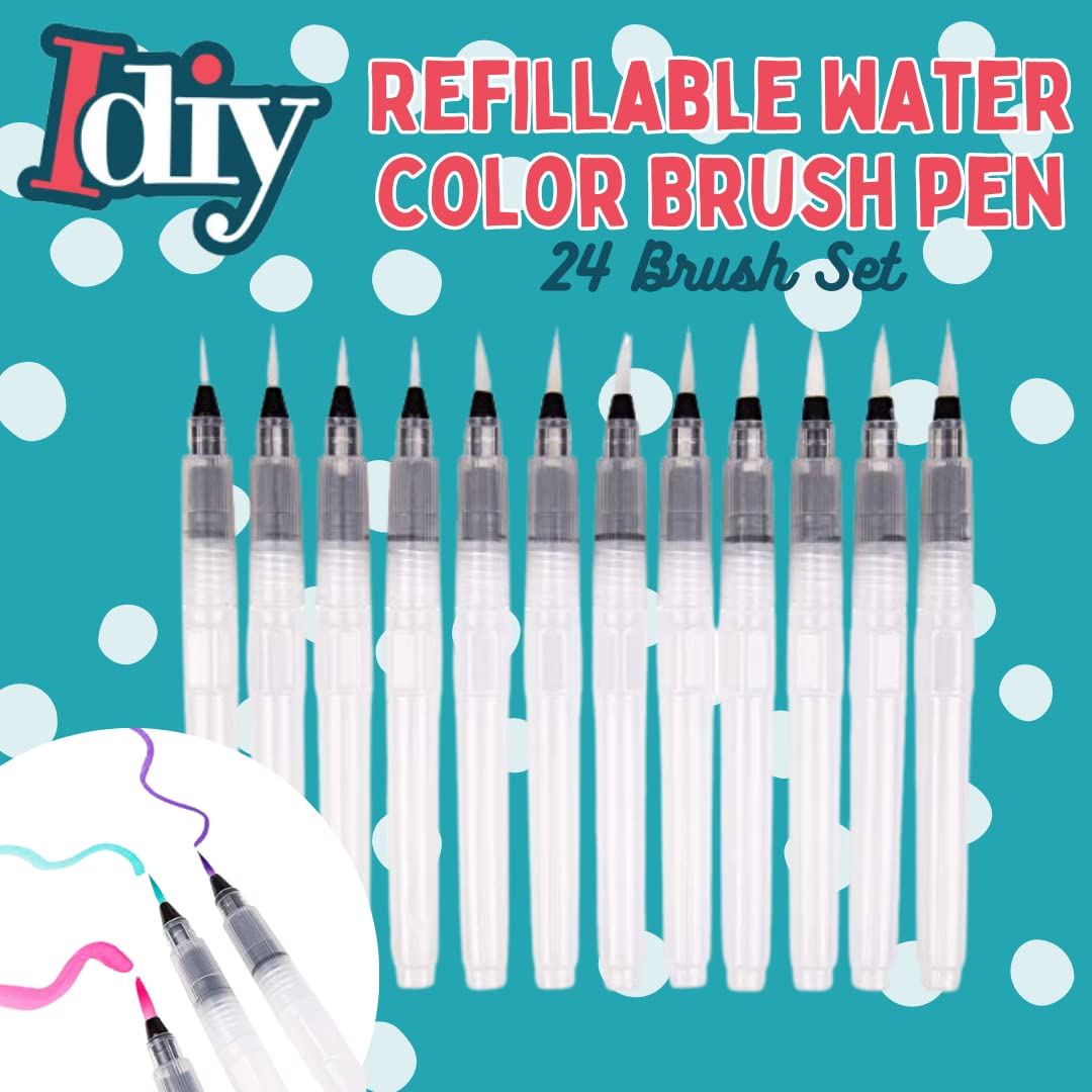 Refillable Watercolor Brush Pens Set of 24 – Water Brush Pens with 3 Tip Sizes (3mm, 4mm, 5mm)