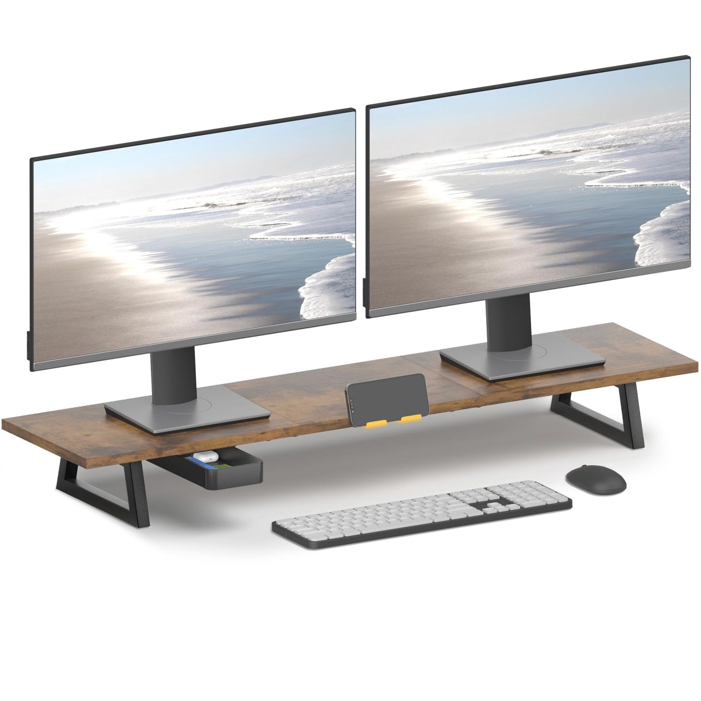 TEAMIX 39.4 inch Dual Monitor Stand Riser with Drawer & Phone Holder, Brown