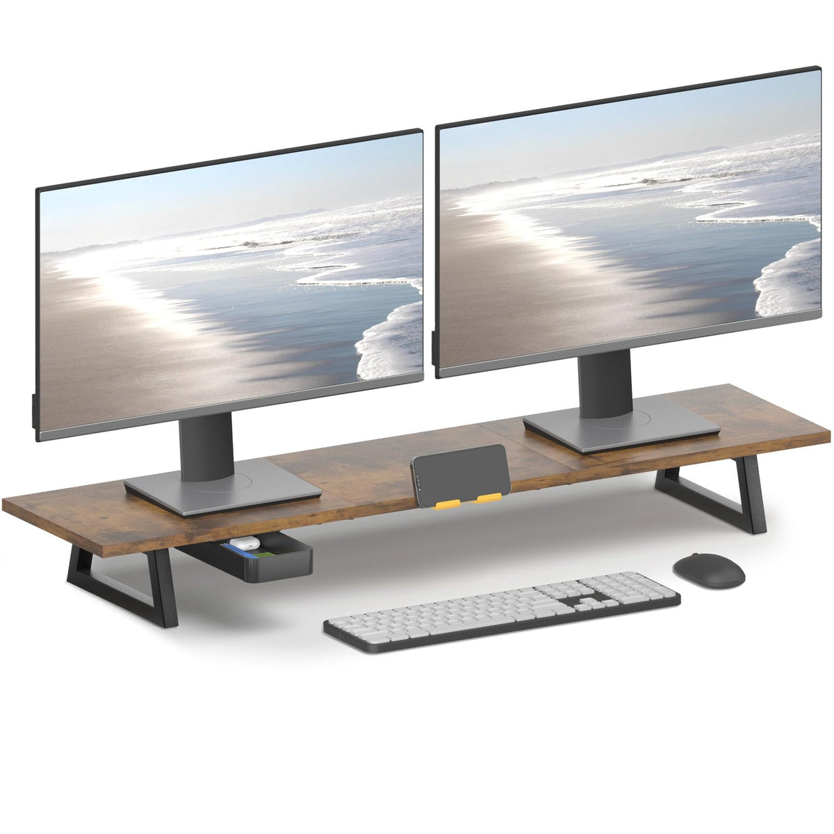 TEAMIX 39.4 inch Dual Monitor Stand Riser with Drawer & Phone Holder, Brown