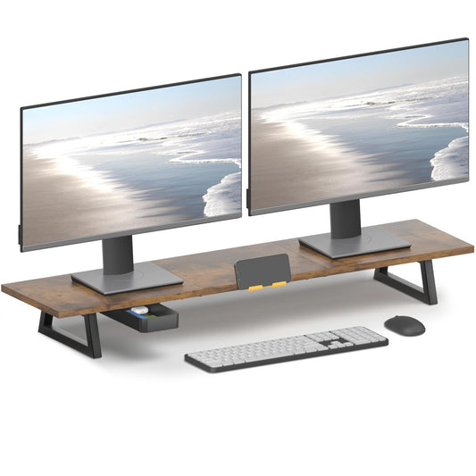 TEAMIX 39.4 inch Dual Monitor Stand Riser with Drawer & Phone Holder, Brown