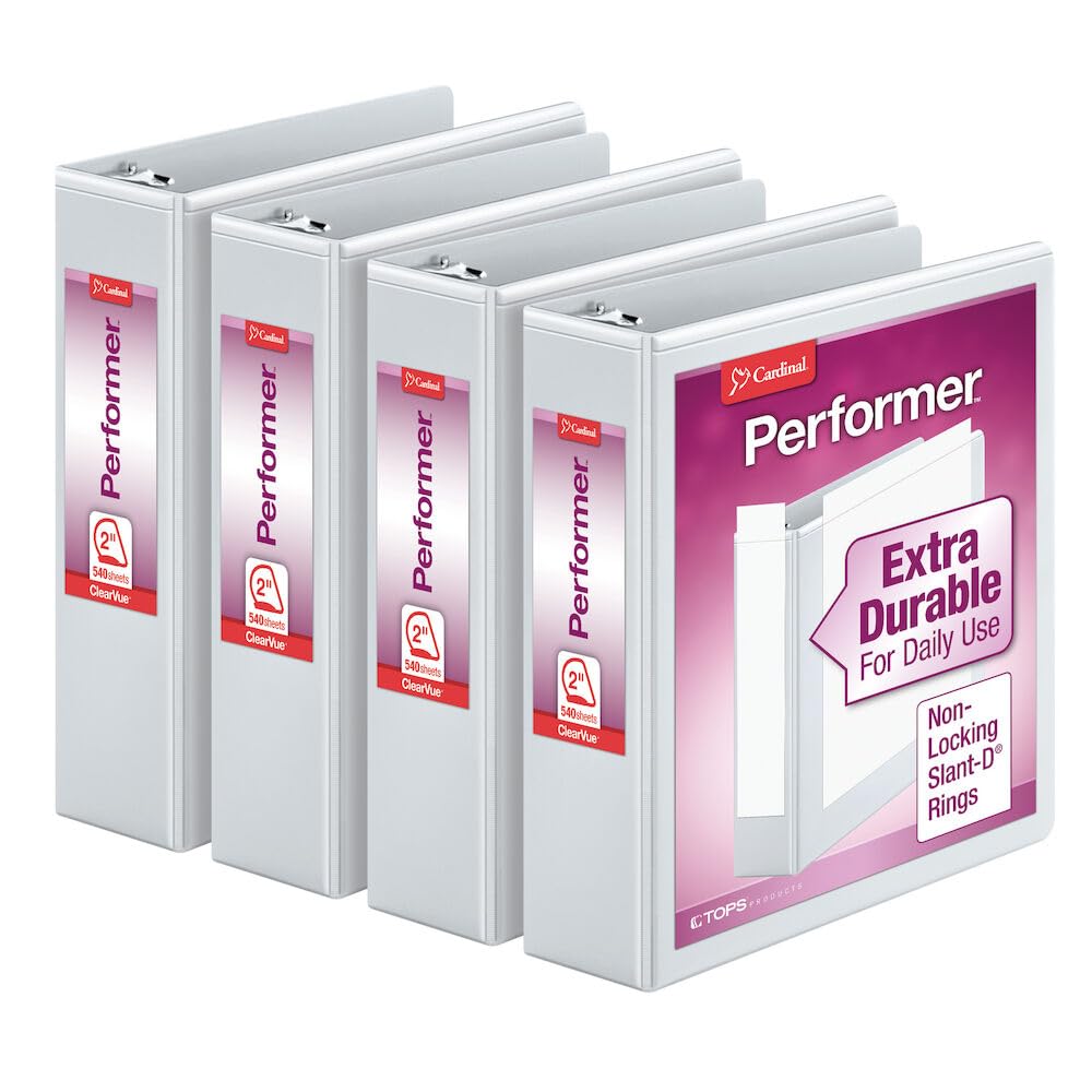 Cardinal Performer 3-Ring Binders, 2", Non-Locking Slant-D Rings, 540-Sheet Capacity, Clearvue