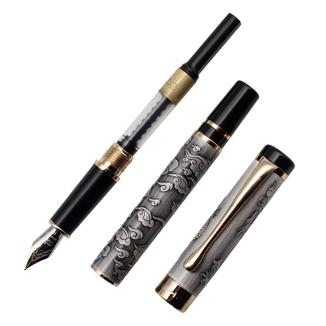zoohot Ancient Silver Jinhao Dragon Fountain Pen Fine Nib Executive Fountain Pens Set, Vintage Pens