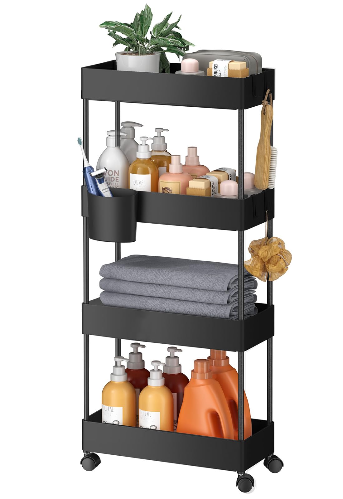 Pipishell 4 Tier Slim Storage Cart with Wheels, Laundry Cart, Black