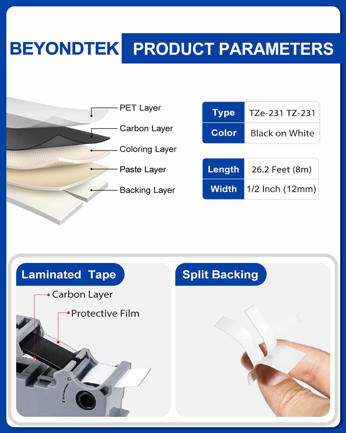 TZe-231 12mm 0.47 Black on White Tape Work for Brother P Touch Label Maker