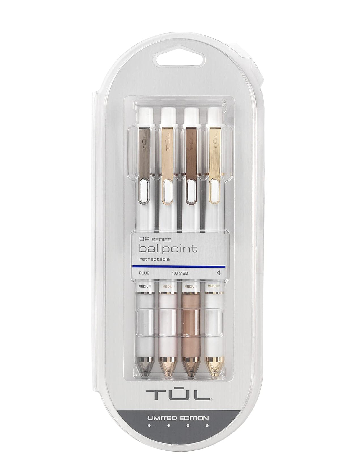 TUL® BP Series Retractable Ballpoint Pens, Bullet Point, 1.0 mm, Pearl White Barrel, Blue Ink, Pack