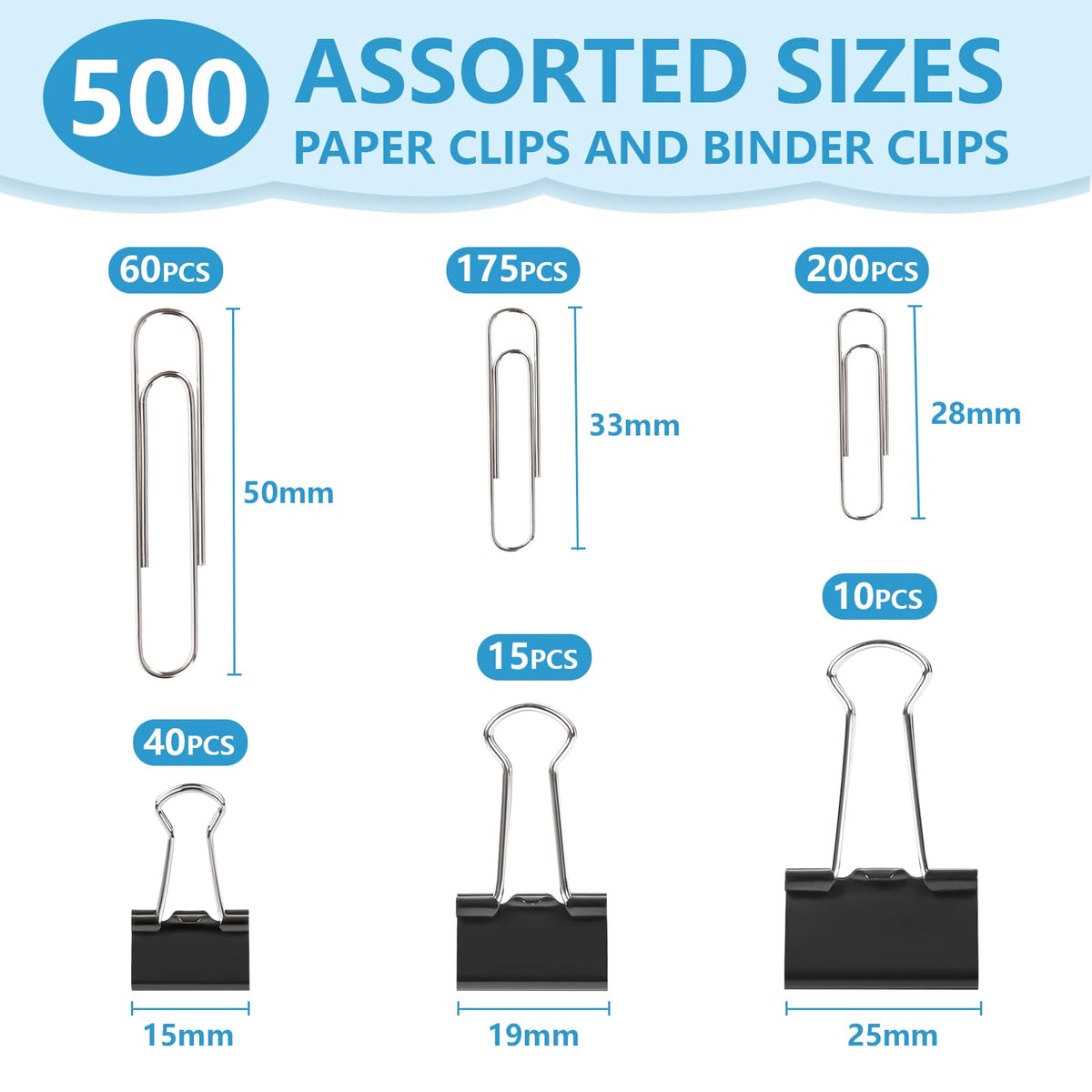 500PCS Paper Clips and Binder Clips Assorted Sizes