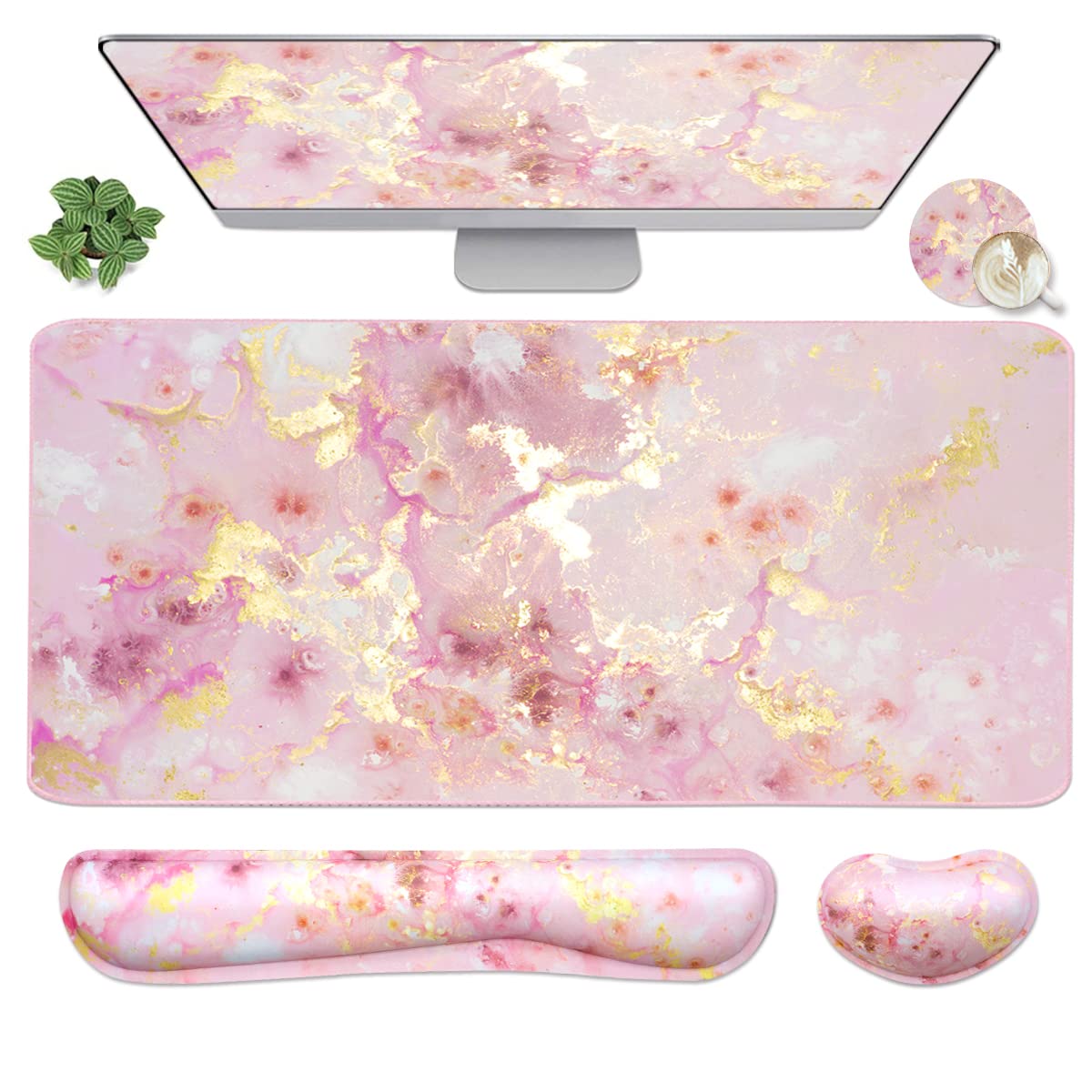 4-in-1 Large Gaming Mouse Pad, Keyboard Wrist Rest Pad & Wrist Support Mousepad Set, Extended Desk