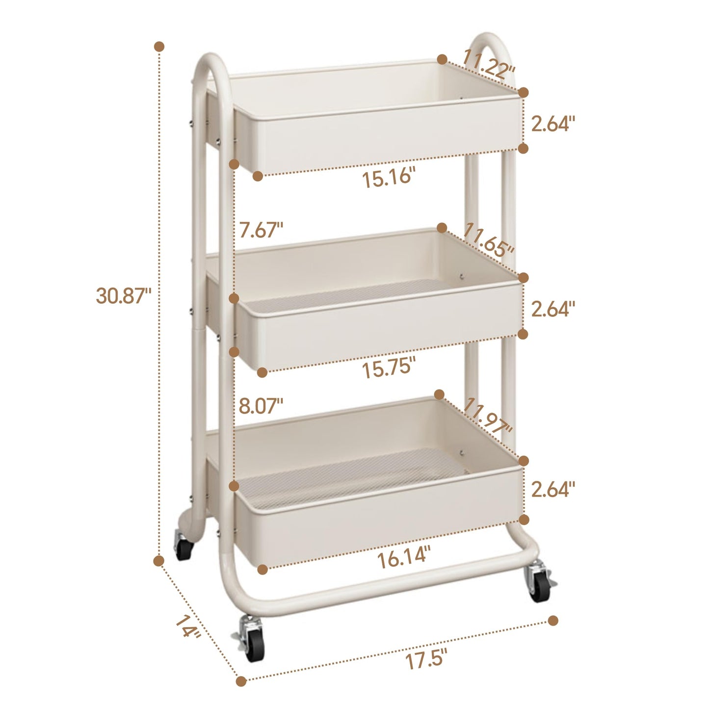 MIOCASA 3-Tier Metal Utility Rolling Cart, Heavy Duty Multifunction Cart with Lockable Casters