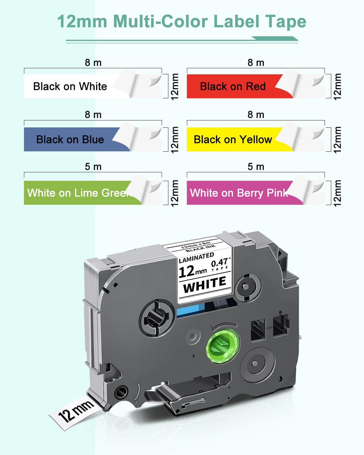 6-Pack Tze 12mm 0.47" Multi-Color Compatible for Brother 12mm Label Tape