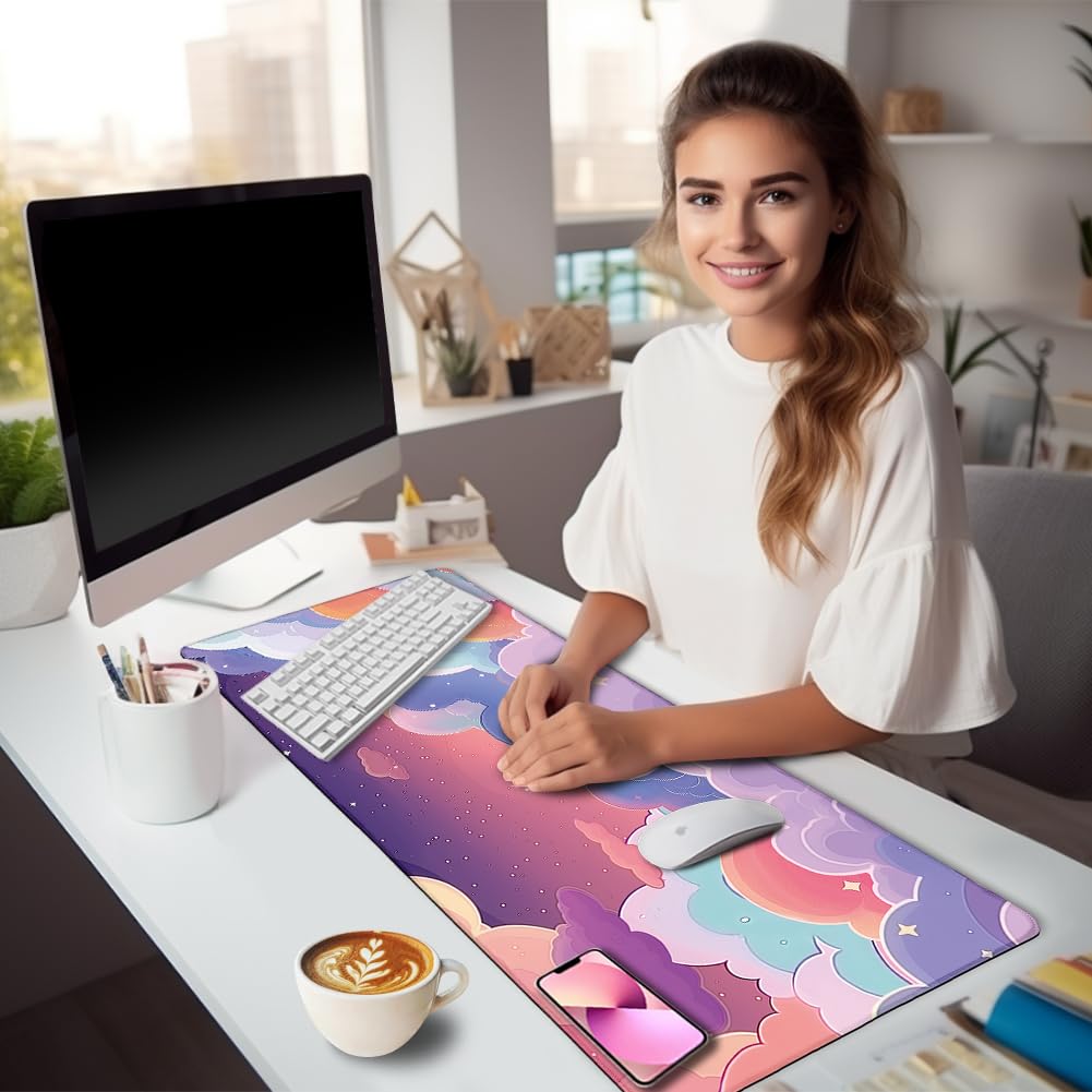 LIMKRIAN Purple Cloud Mouse Pad Kawaii Large Desk Mat, 31.5x11.8 in