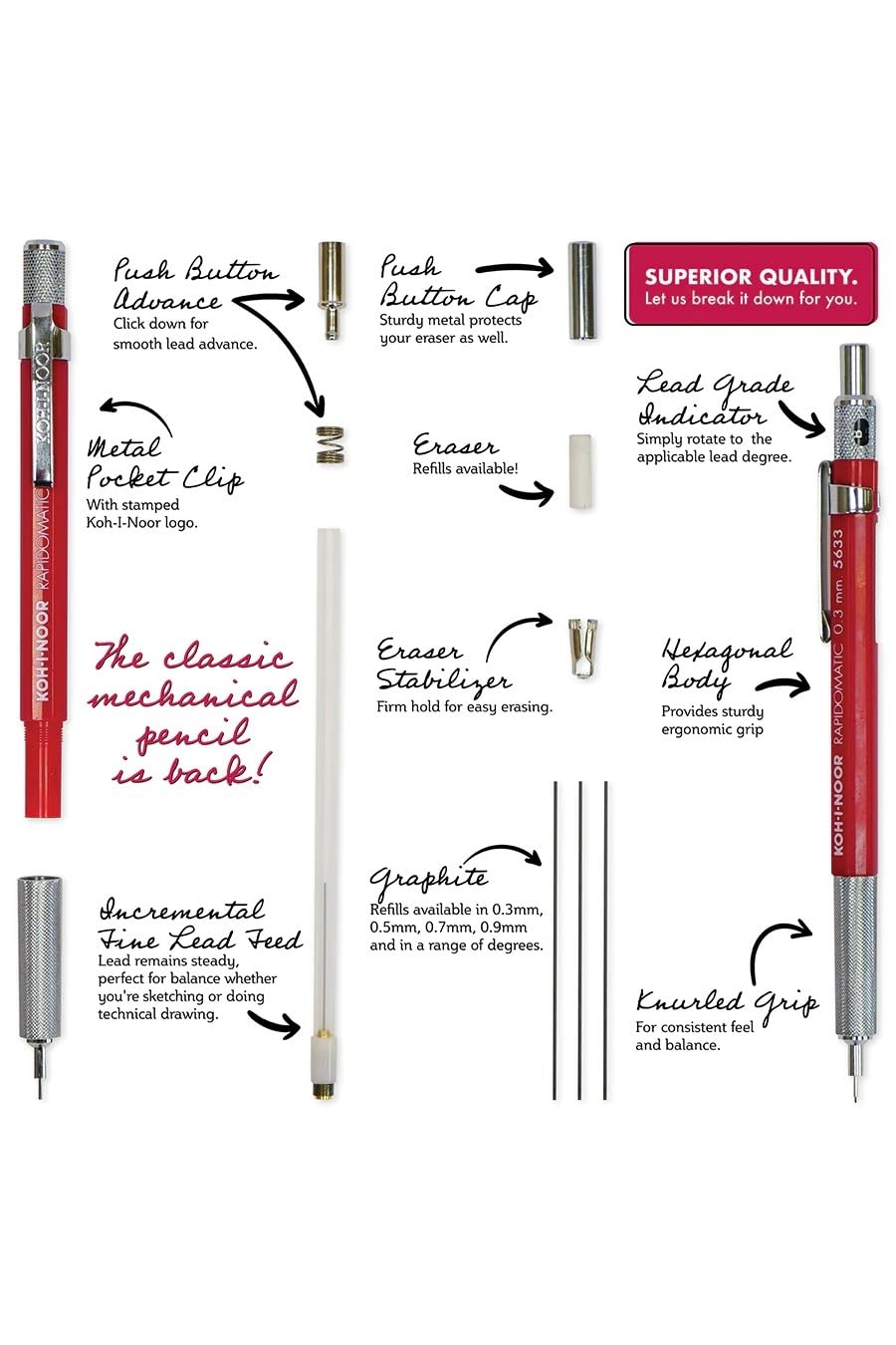 Koh-I-Noor Rapidomatic Mechanical Pencil, .7mm lead, Gray, 1 Each (5637)