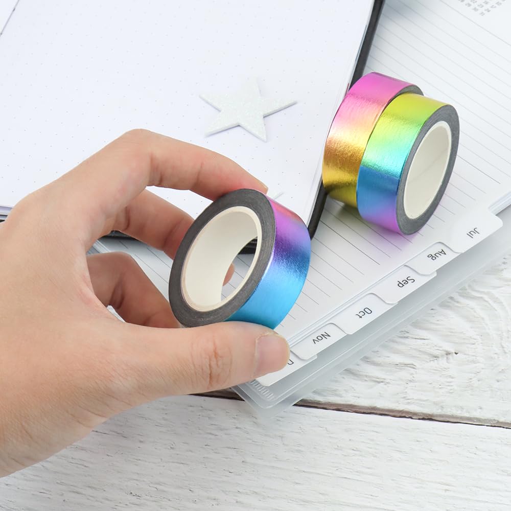 MEI YI TIAN 6 Rolls Solid Rainbow Foil Washi Tape Set 15mmx10m Metallic Paper Adhesive Masking