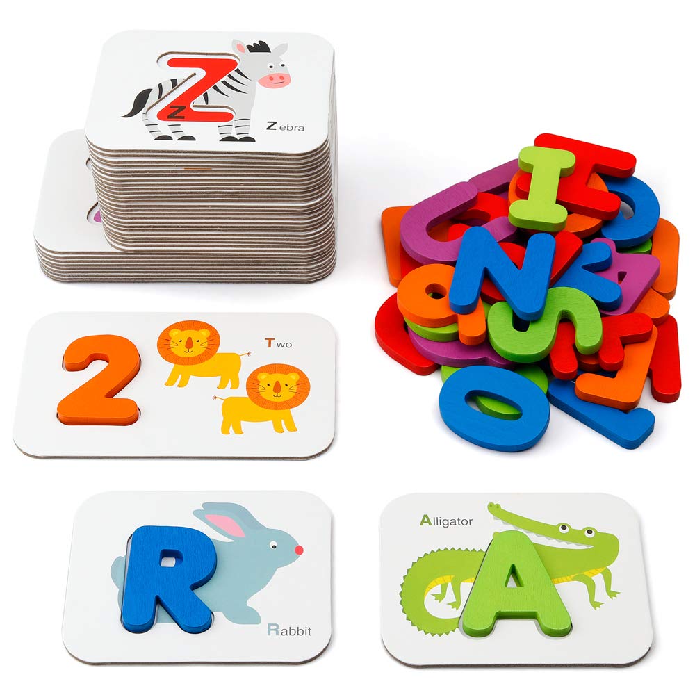 Coogam Numbers and Alphabets Flash Cards Set - ABC Wooden Letters and Numbers Animal Pattern Board