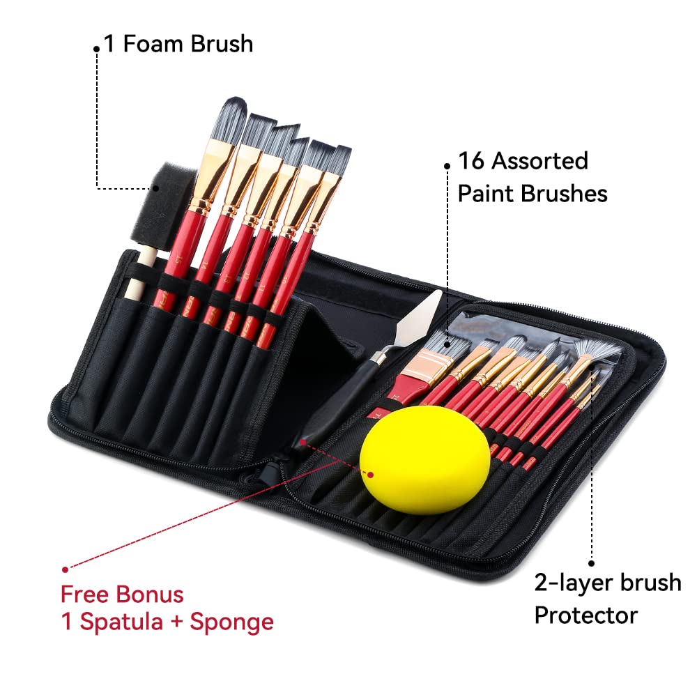 Transon 20Pcs Art Paint Brush Kit with Storage Case, 16 Brushes + Foam Brush Spatula Sponge for
