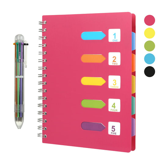 KESOTE 5 Subject Spiral Notebook with Divider Tabs, A5 Wide Ruled 5.7" × 8.5" Hardcover Tabbed