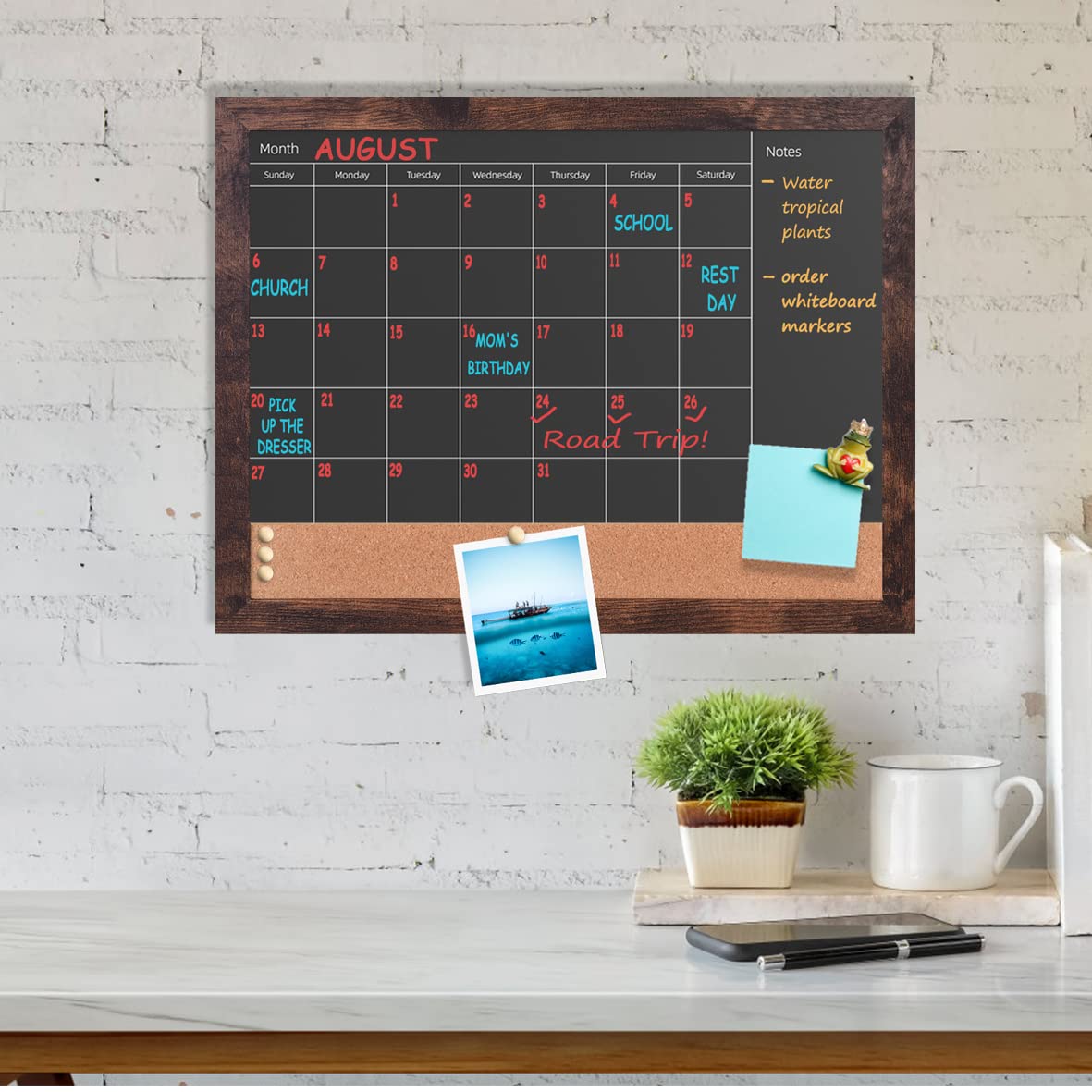 Umtiti Chalkboard Calendar & Cork Bulletin Board，13" x 17" Brown Wood Frame，Magnetic Surface