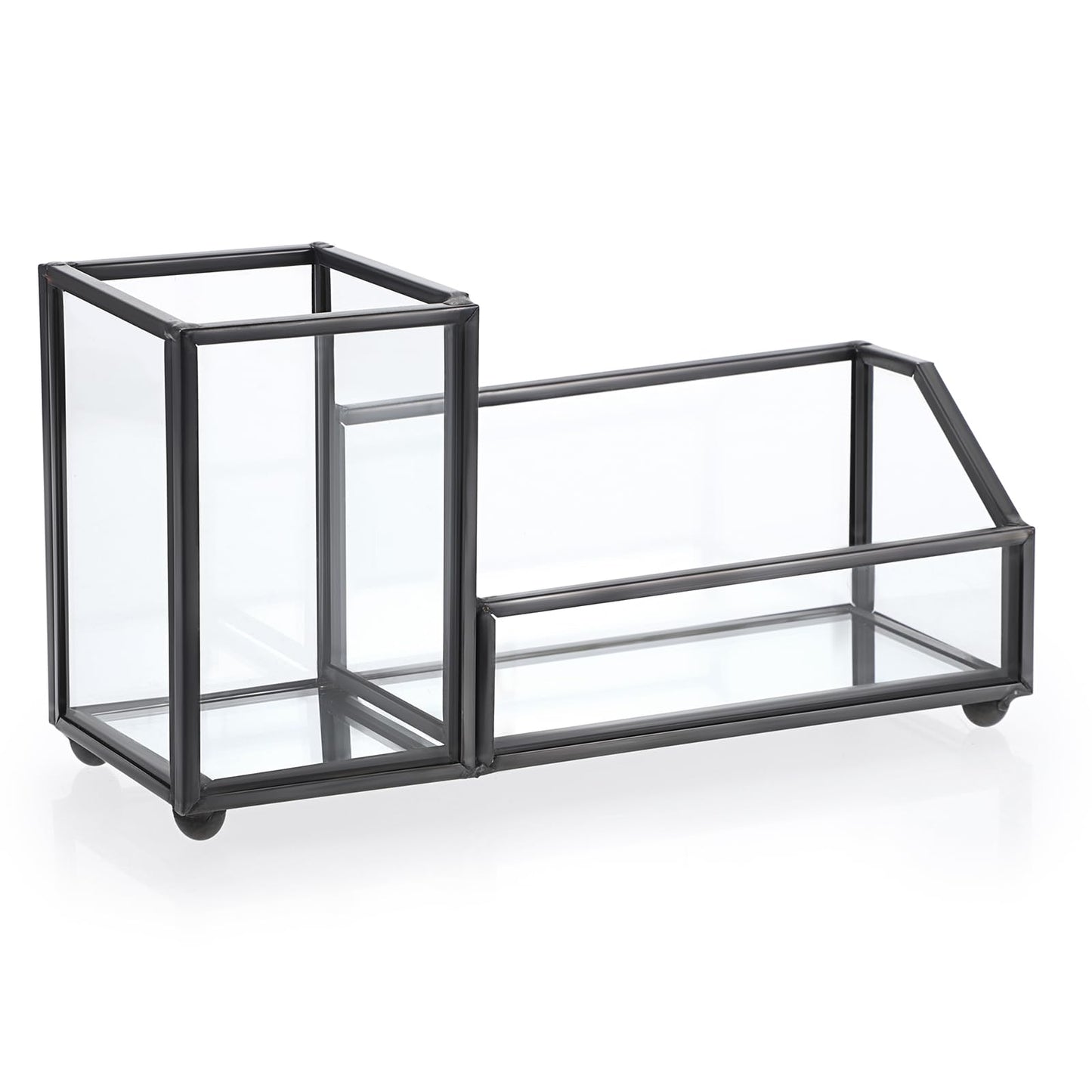 Hipiwe Clear Glass Business Card Holder with Pen Storage Holder, Black