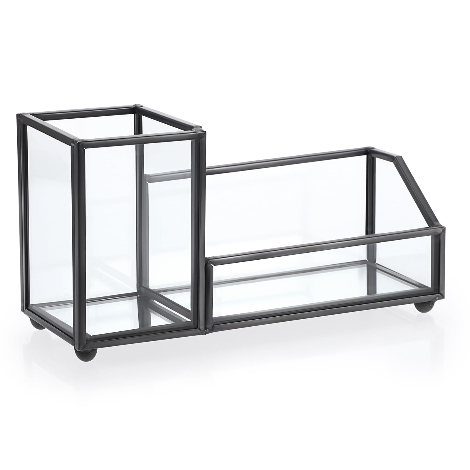 Hipiwe Clear Glass Business Card Holder with Pen Storage Holder, Black