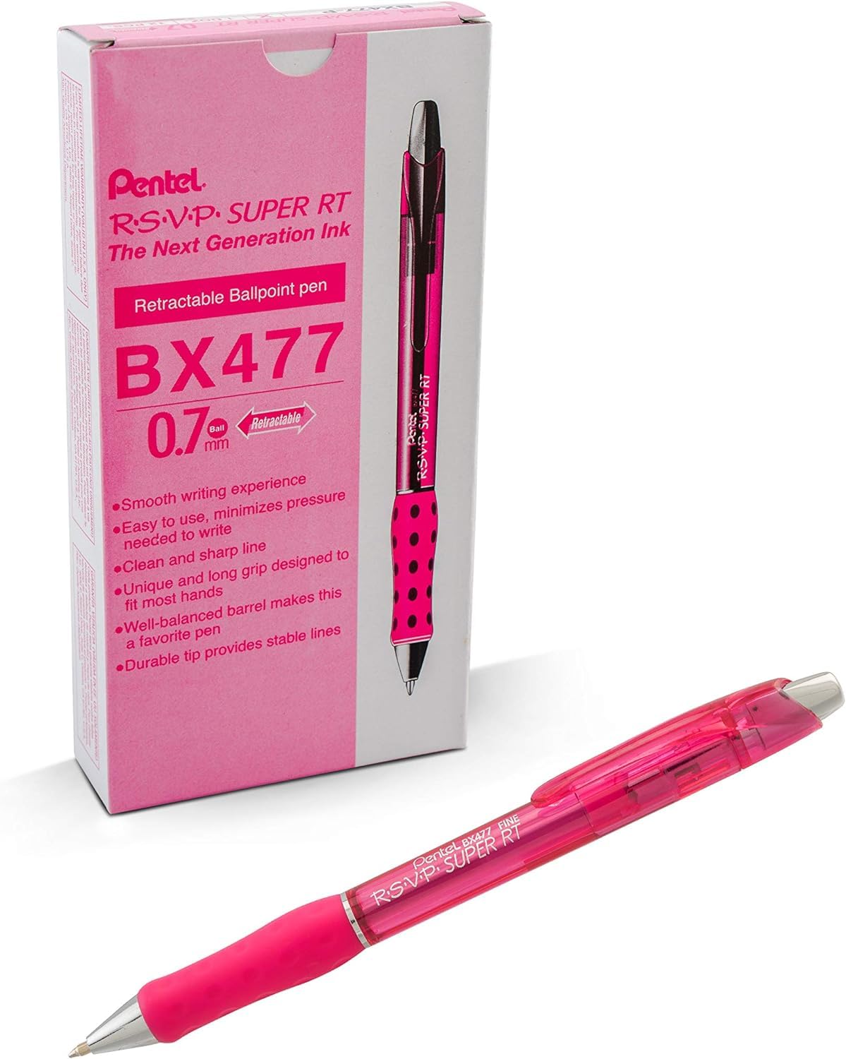 Pentel RSVP Super RT Ballpoint Pen, (0.7mm) Fine Line, Red Ink (BX477-B)