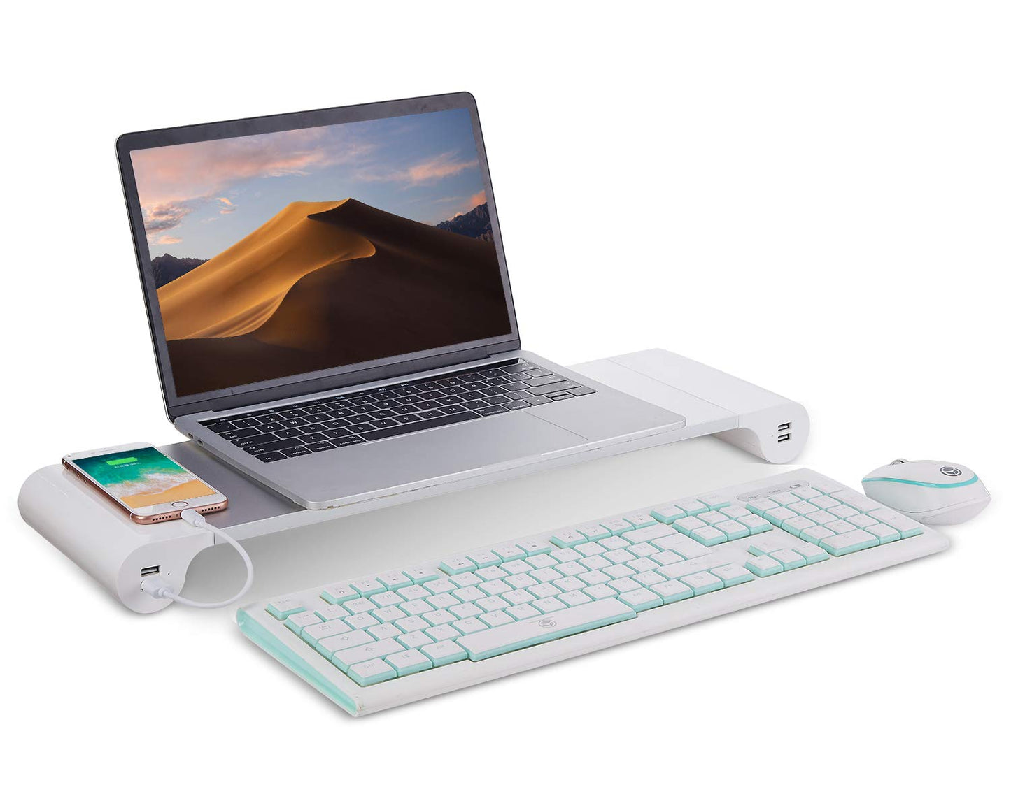 PG Silver Monitor Stand Riser with 4-Port USB Charging ports, Convenient keyboard organiser,Desktop