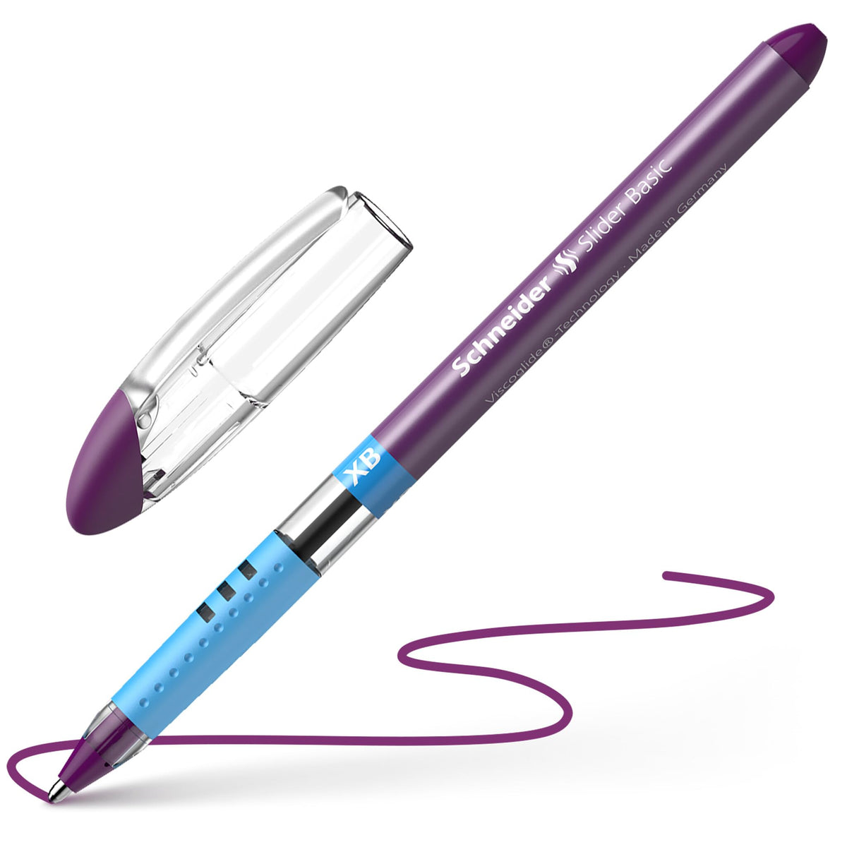 Schneider Slider Basic XB (Extra Broad) Ballpoint Pen, 1.4 mm, Transparent Barrel, Violet Ink, Box