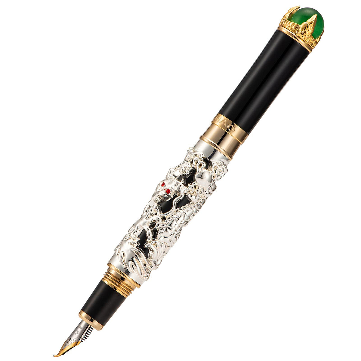 Jinhao Dragon Fountain Pen Bent Nib Intricate Design, Silver Color, Heavy Fude Pen Fine to Broad