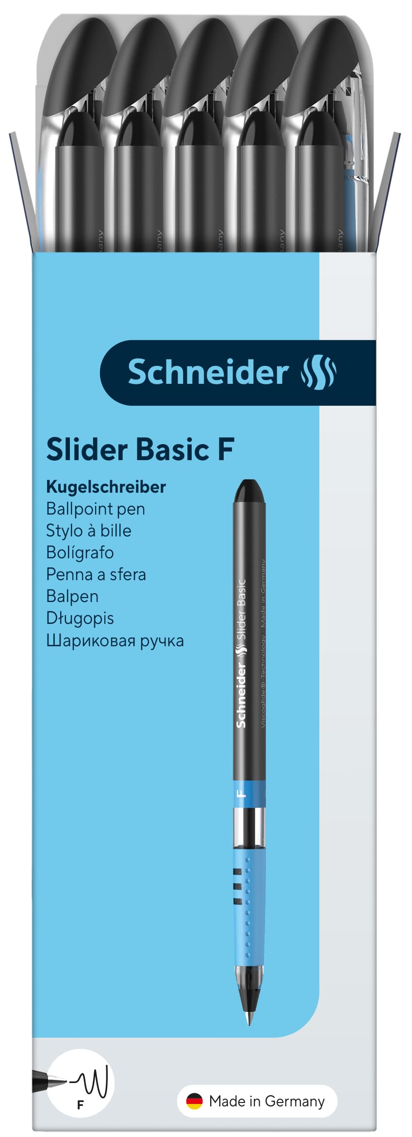 Schneider Slider Basic F (Fine) Ballpoint Pen, 0.7 mm, Transparent Barrel, Black Ink, Box of 10