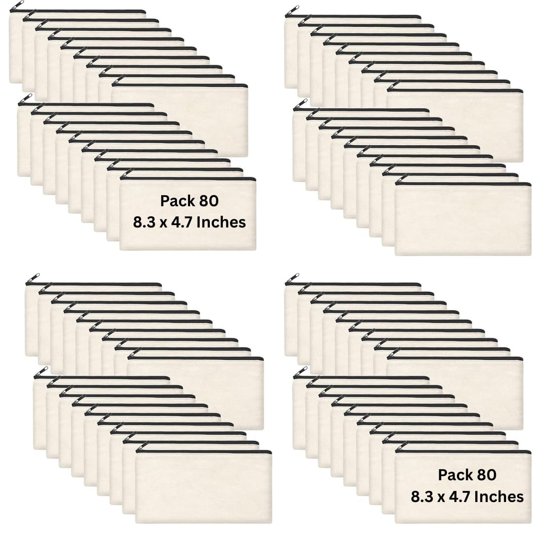 80pcs Blank canvas Zipper Pouch Makeup Bags Bulk, Smooth Zipper Pencil Case
