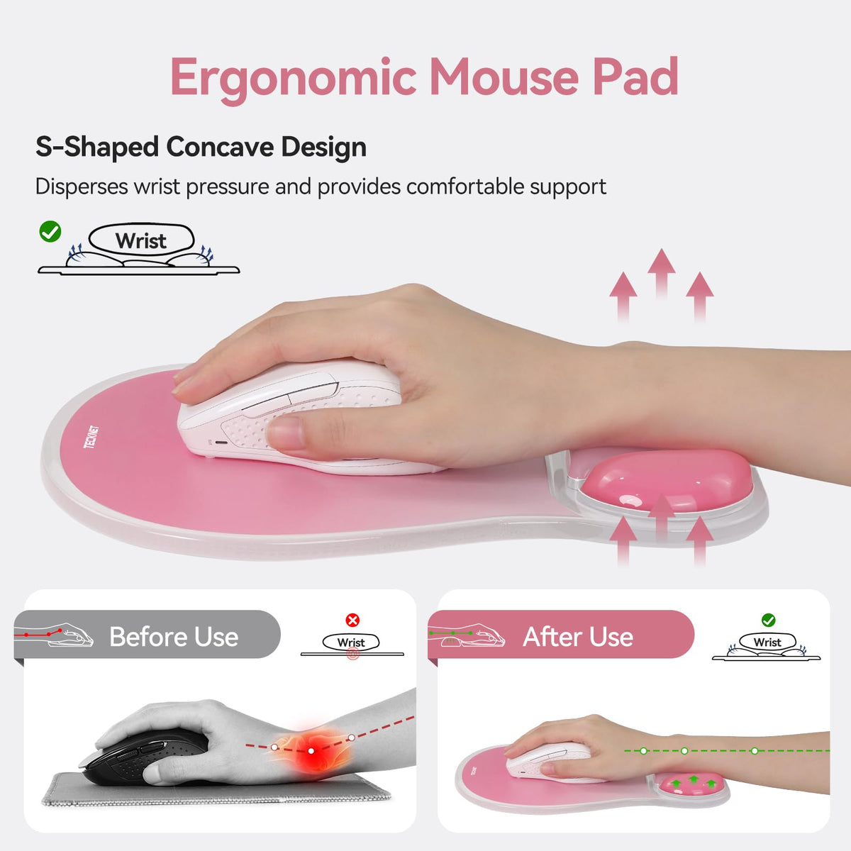 TECKNET Gel Ergonomic Mouse Pad, Mouse Pad with Wrist Rest, Pink