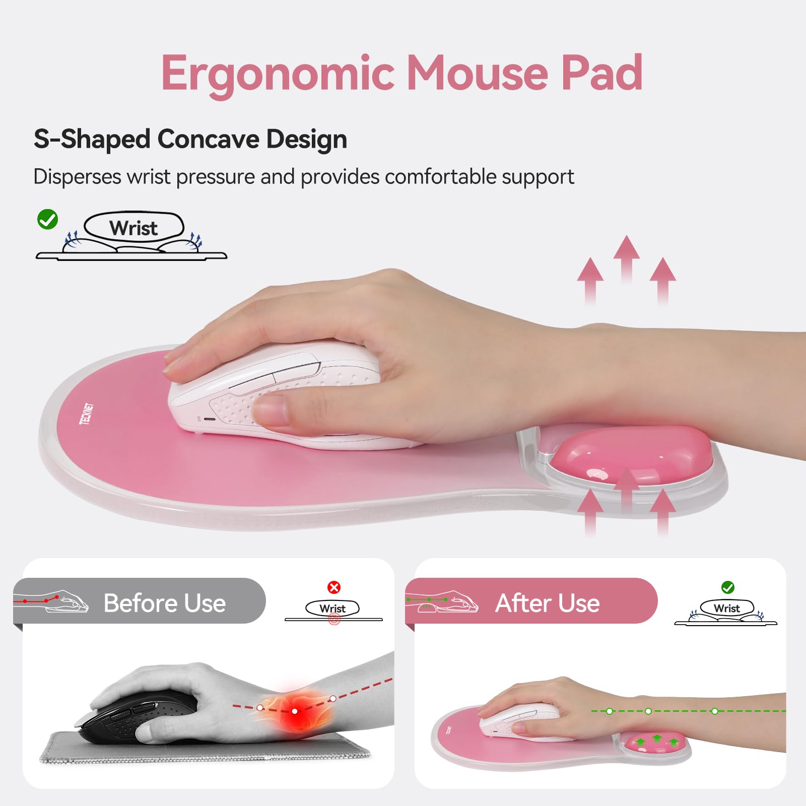 TECKNET Gel Ergonomic Mouse Pad, Mouse Pad with Wrist Rest, Pink