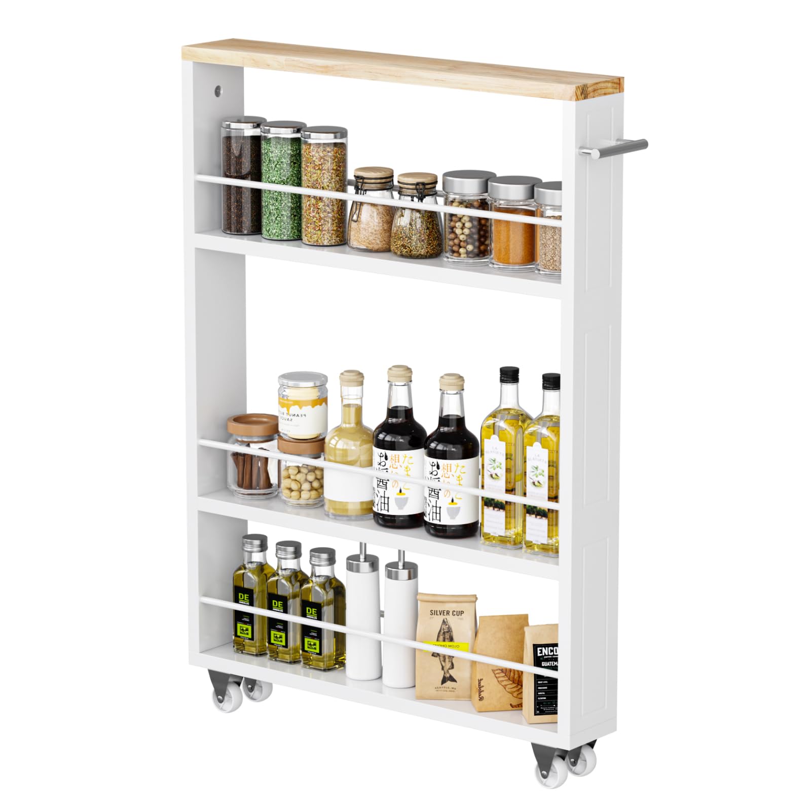 KLM 4 Tier White Slim Storage Cart with Handle, Slide Out Storage Rolling Utility Cart for Kitchen