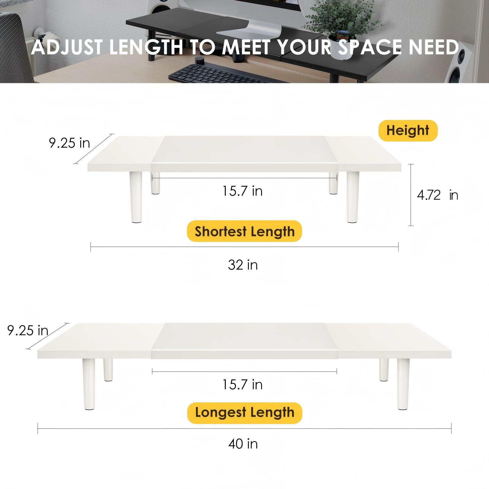 Across-Star Dual-Monitor-Stand-Riser-For-Desk Adjustable Length 32-40 Inch，Large Desktop Computer