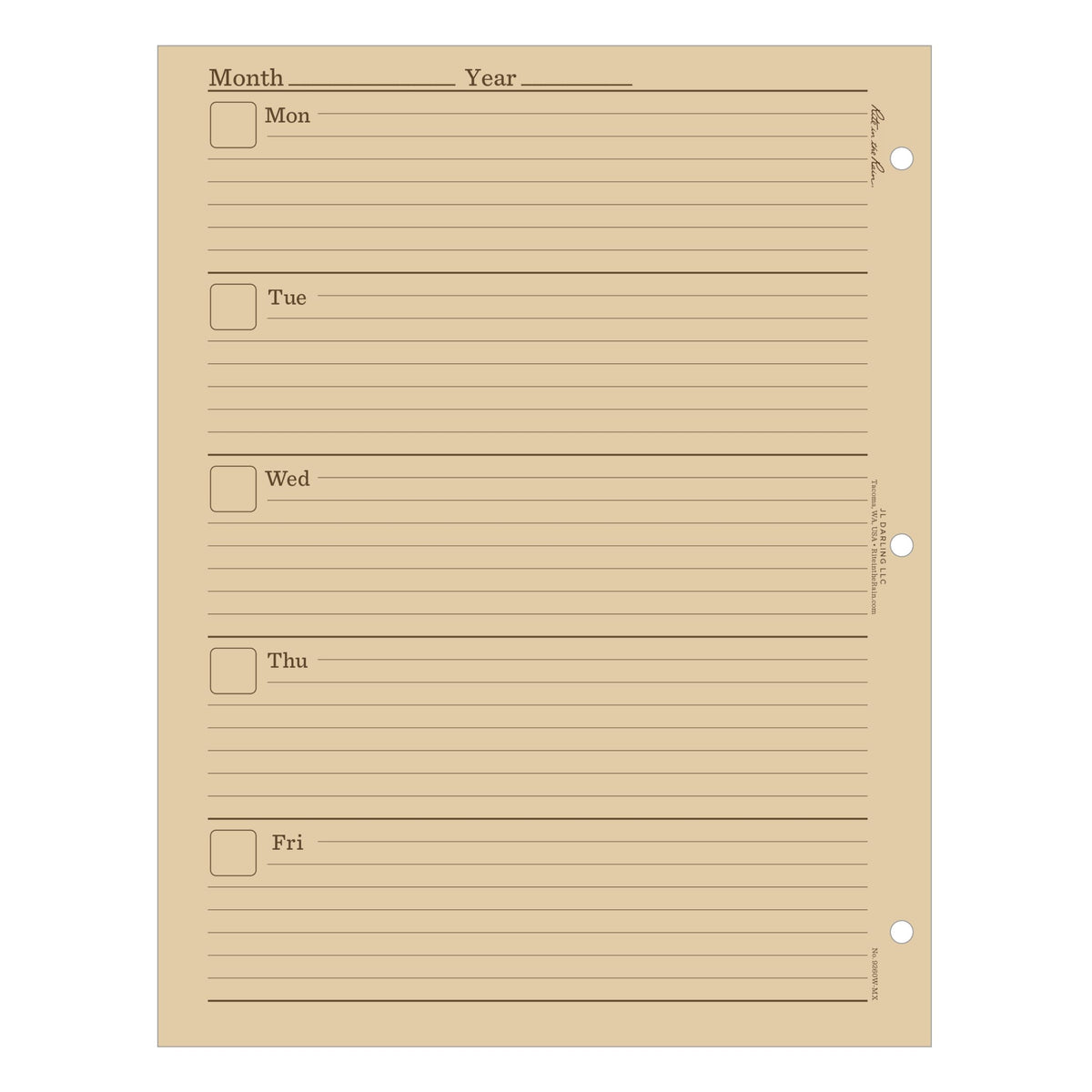Rite in the Rain Weatherproof Weekly Calendar Set, 8.5" x 11", Tan Sheets, 65 Weeks (No. 9260W-MX)