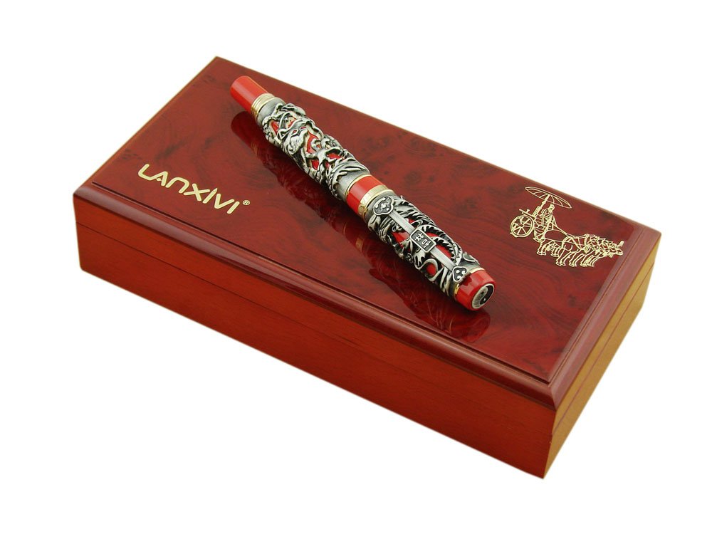Jinhao Dragon Phoenix 3D Embossment Gray Red Fountain Pen Fine Nib Chinese Ruyi Clip Wooden Gift Box