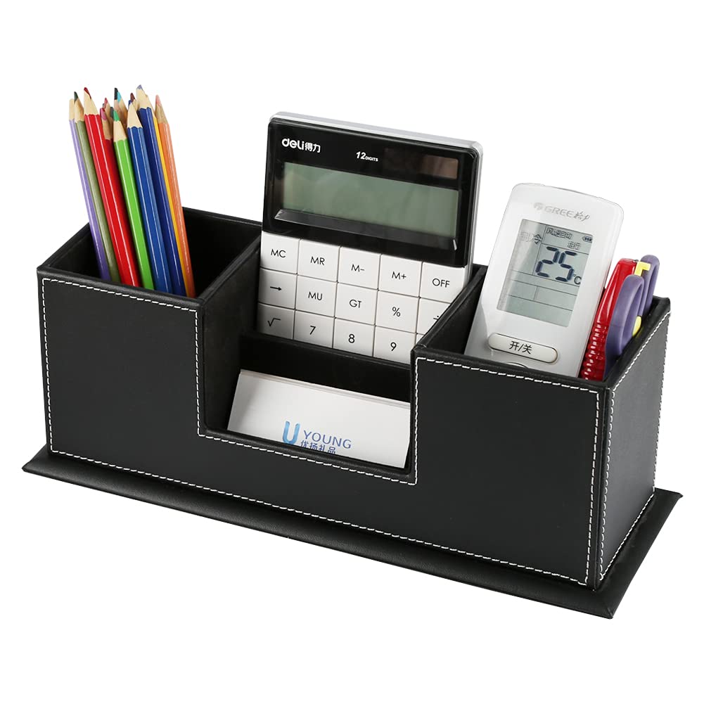 KINGFOM™ Double Holder Leather Multi-Function Desk Stationery Organizer Pen Pencil Holder Black