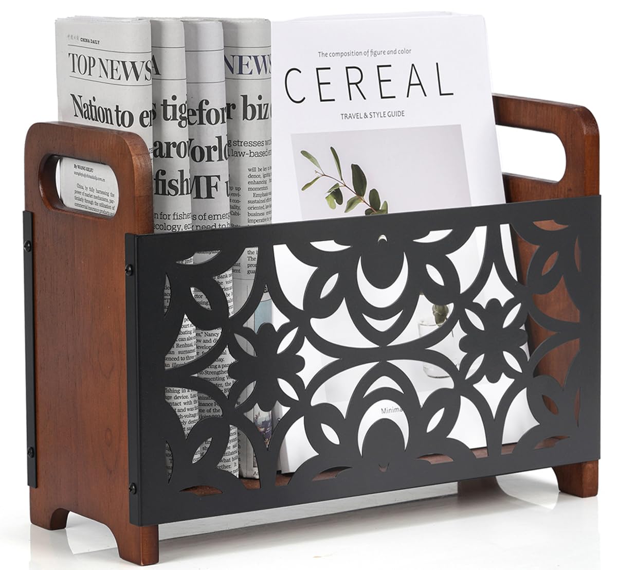 QILICHZ Magazine Holder,Oak Wood Magazine Rack Floor,Lotus Pattern