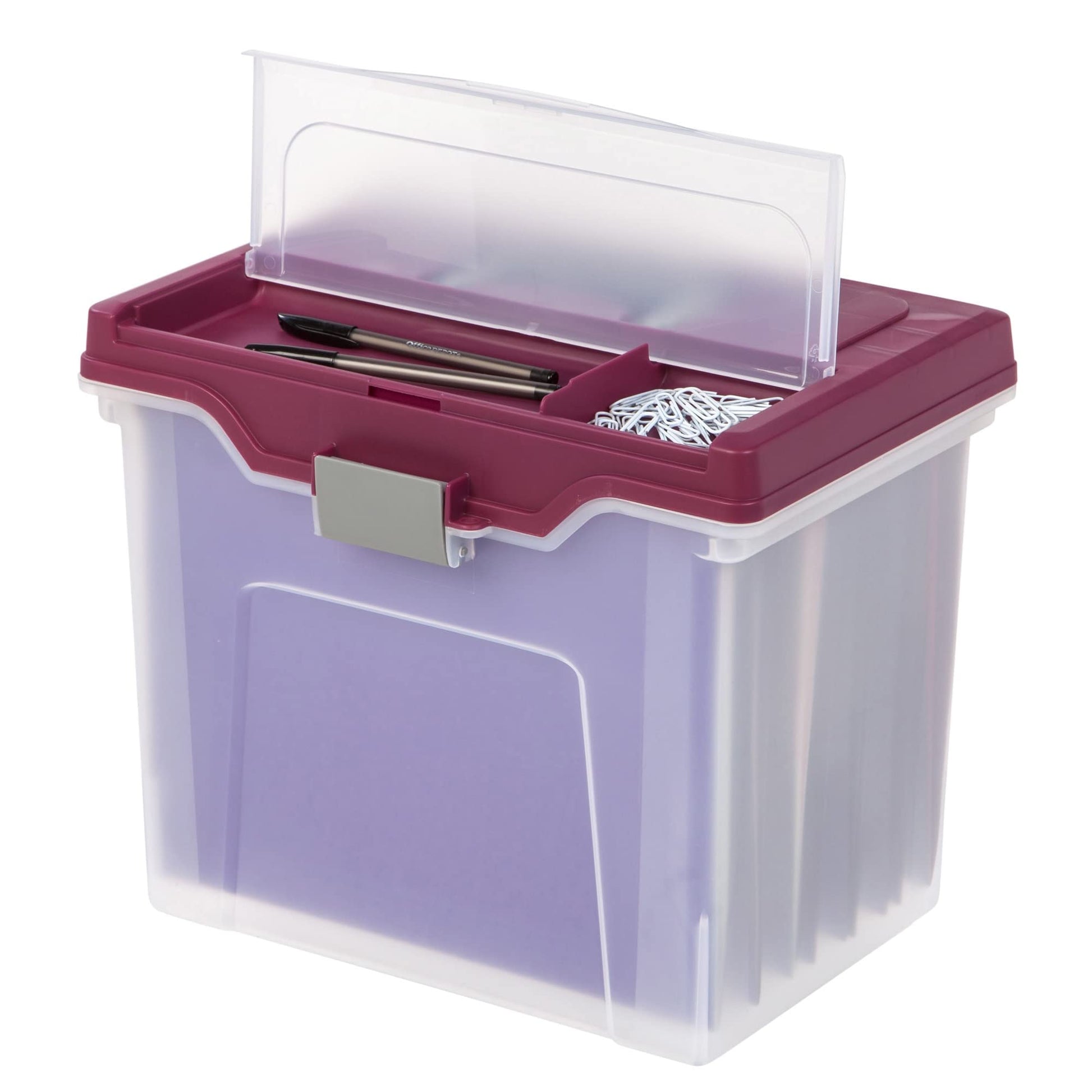 Office Depot Large Mobile File Box, Letter Size, 11 5/8in.H x 13 3/6in.W x 10in.D, Clear/Burgundy