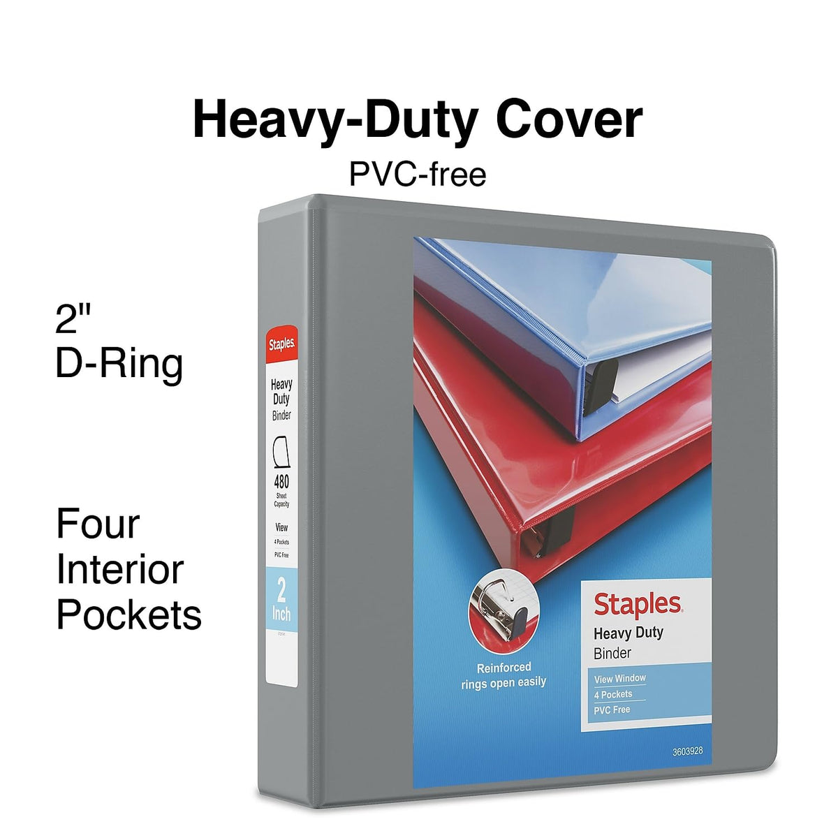 Staples Heavy-Duty 2-Inch D-Ring View Binder, Gray, 450 Sheets