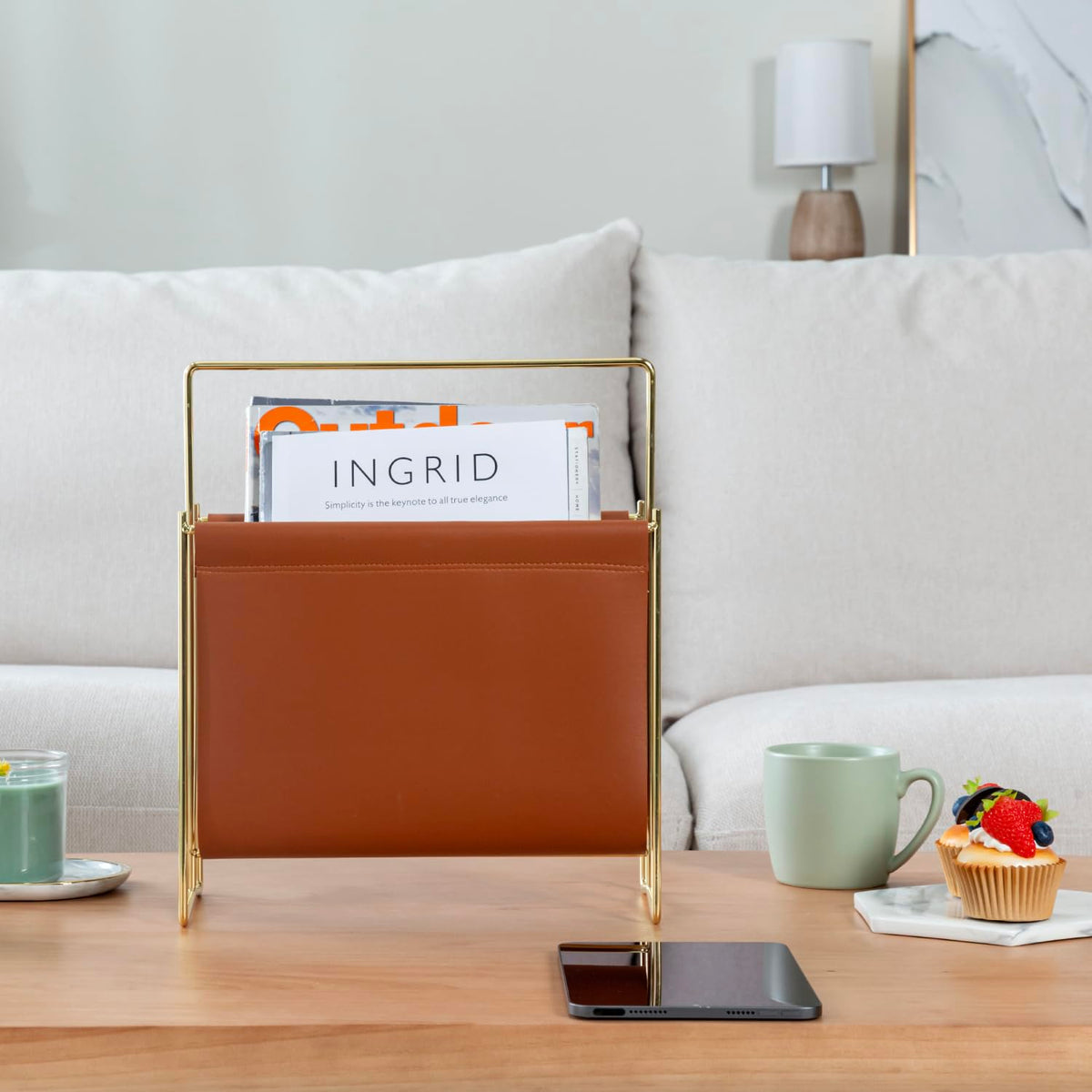 MyGift 13 inch Modern Caramel Leatherette Magazine Holder Floor Standing Sling Style Rack with