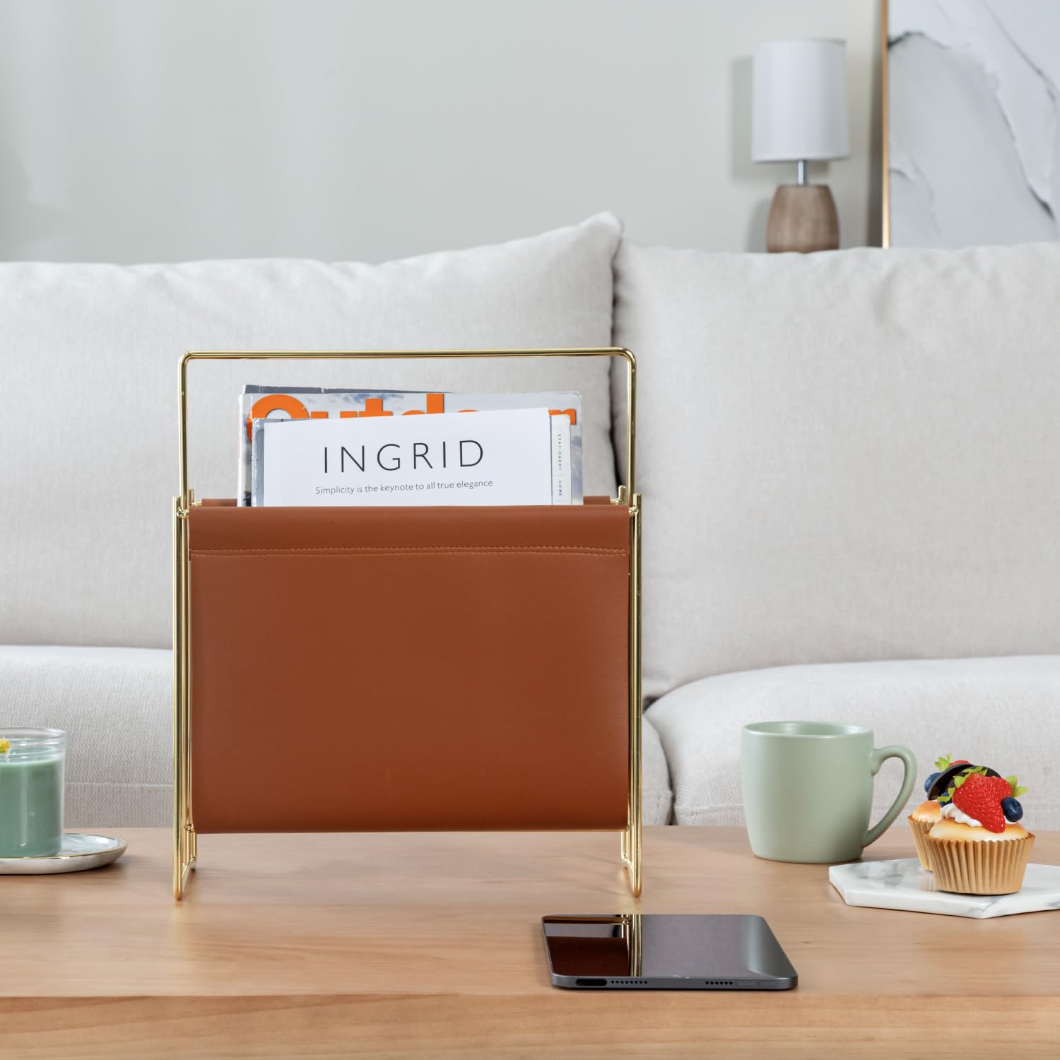 MyGift 13 inch Modern Caramel Leatherette Magazine Holder Floor Standing Sling Style Rack with